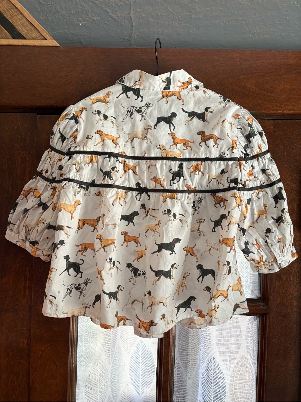 Anthropologie Maeve The Leandra Shirred Yoke Cotton Dog Print Puff Sleeve Blouse - Picture 6 of 11